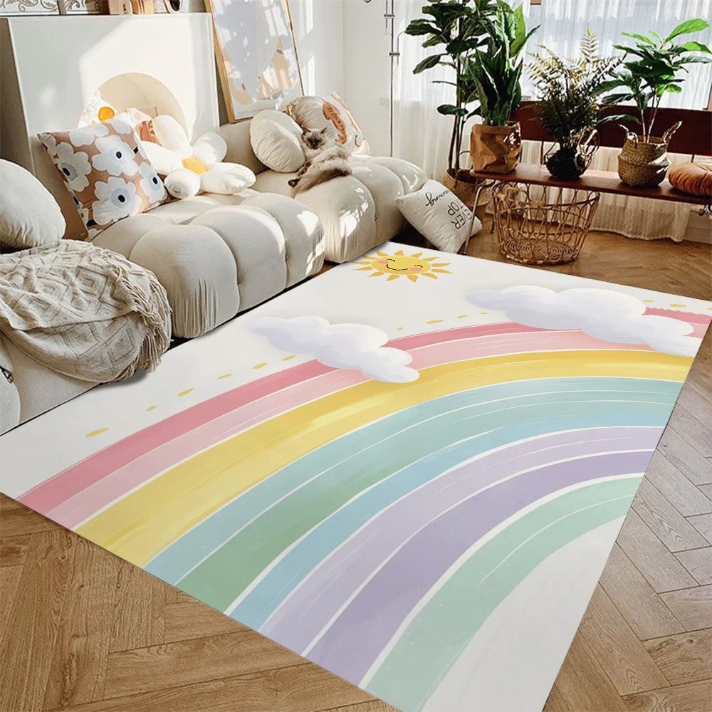 tapis sol moderne motif arc ciel beige rose doré chambre maison décoratif lavable