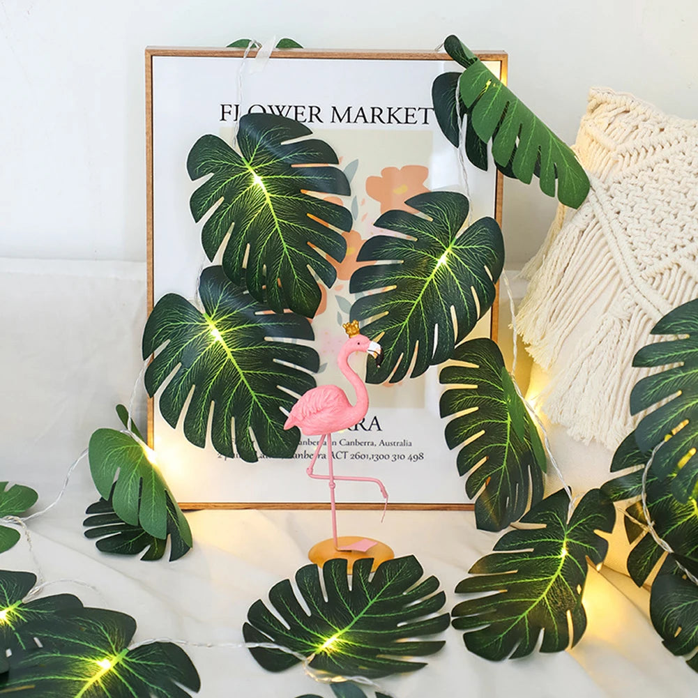 guirlande feuilles vertes led festives decoration feuille monstera lumiere jaune deco mur plantes artificielles