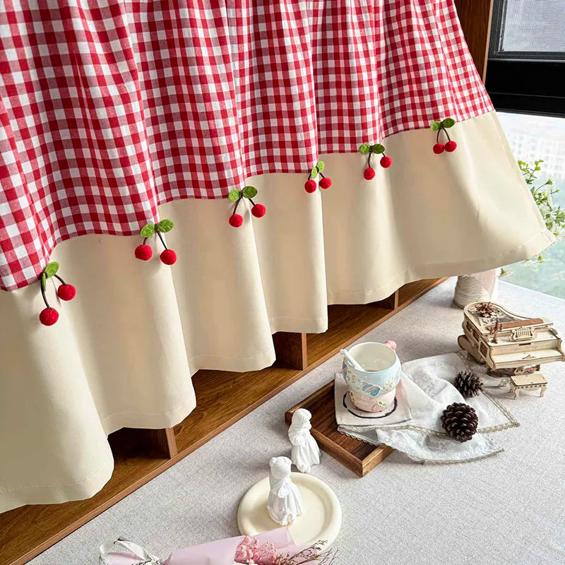 rideau carreaux rouge blanc vintage opacité cerises relief maison polyester