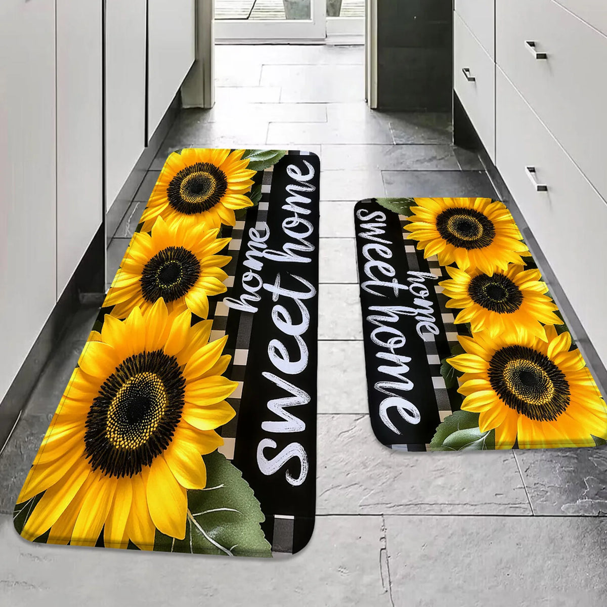 tapis fleur tournesol motif Sweet adhésif facile nettoyer noir jaune blanc salon chambre cuisine