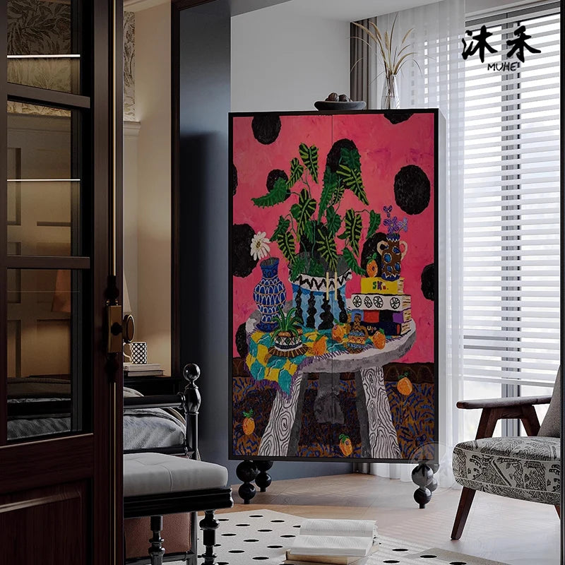 meuble rangement moderne noir rose motifs floraux multi fonction porte opposées pieds ronds abstraits