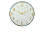 horloge murale moderne nacrée motifs veinés blanc doré irisation verte rose bleue
