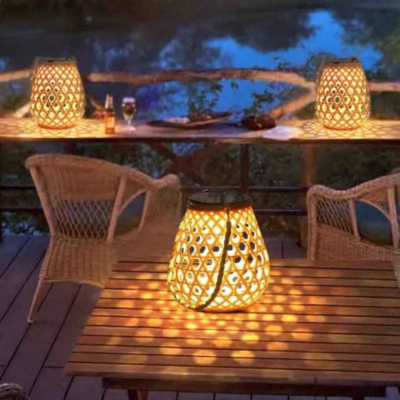 lanterne solaire décoration jardin rustique bohème ajouré leds tressée suspensionextérieur