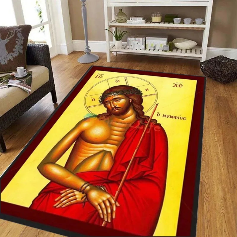 grand tapis salon motif religieux croix couronne rouge doré décor maison traditionnel moderne