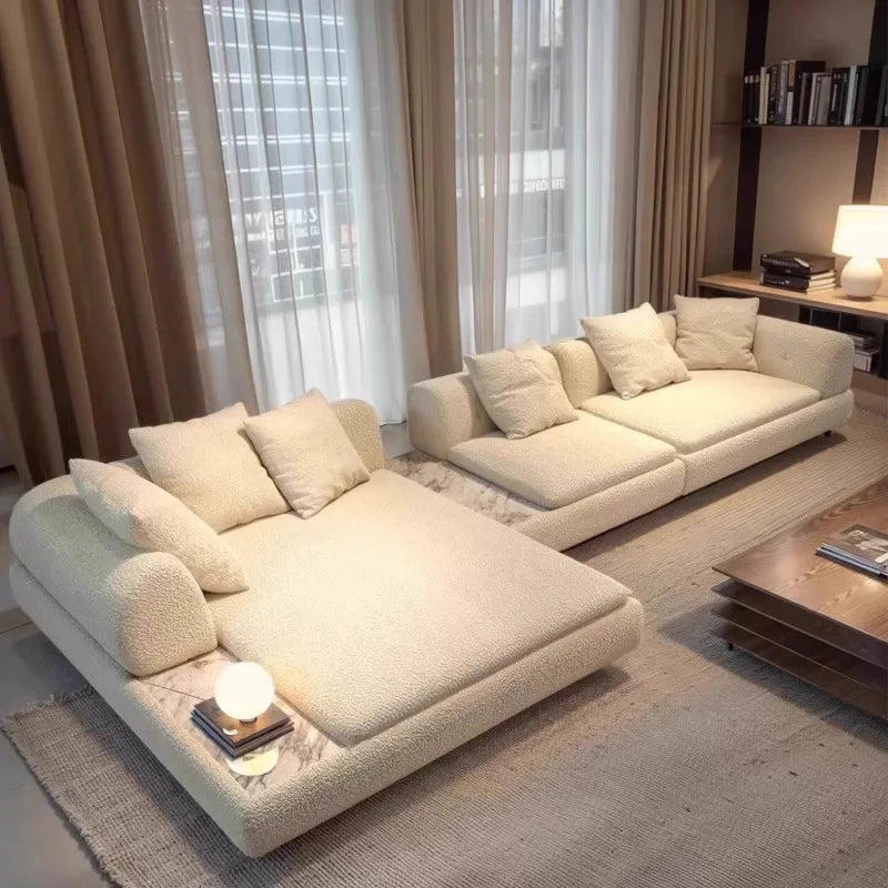 canapé d'angle moderne beige texture bouclée adhésif salon bois éponge scandinave maroc