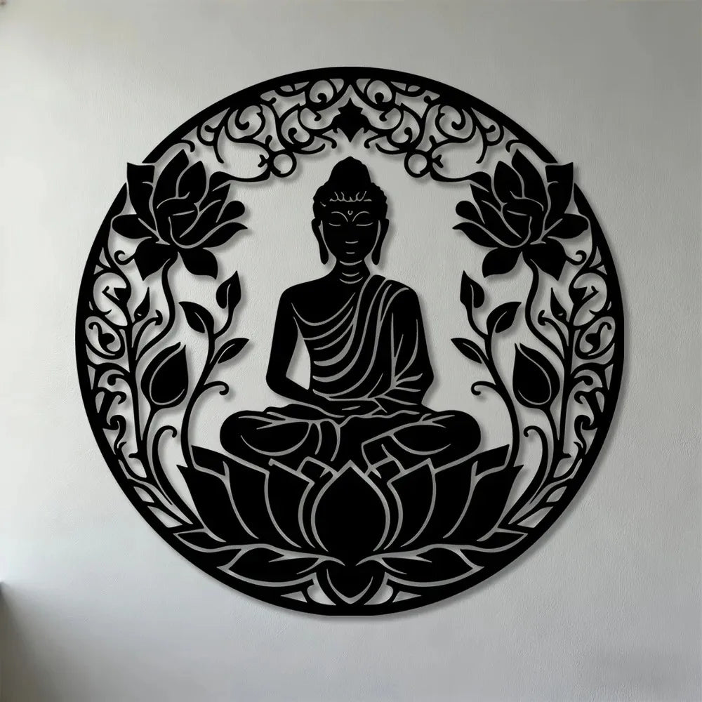 décoration murale plaque noir bouddha lotus motifs floraux minimaliste artisanalintérieur