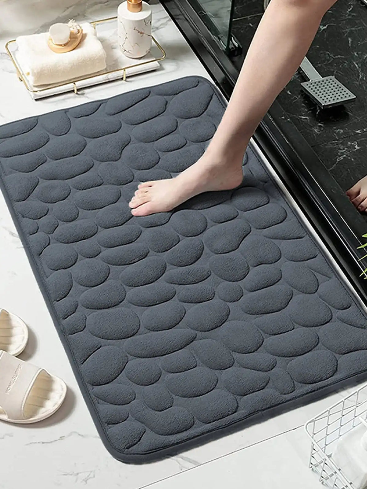 tapis bain moderne gris texture galets antidérapant salle bain absorbant lavable
