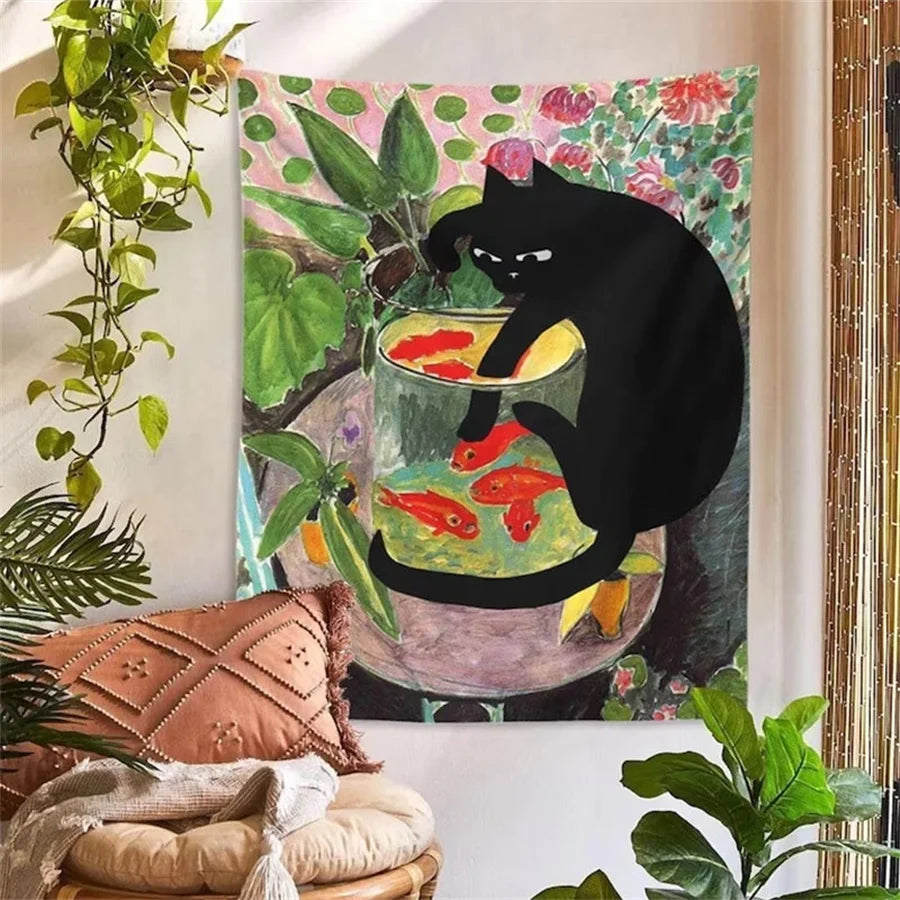 tapisserie murale chat poissons rouges feuilles fleurs noir vert rose blanc artistique chambre decoration