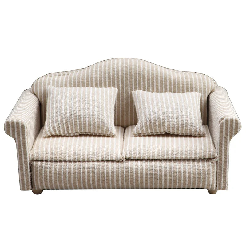 miniatures meubles classiques canapé fauteuil beige rayures coussins tissu texturé traditionnels