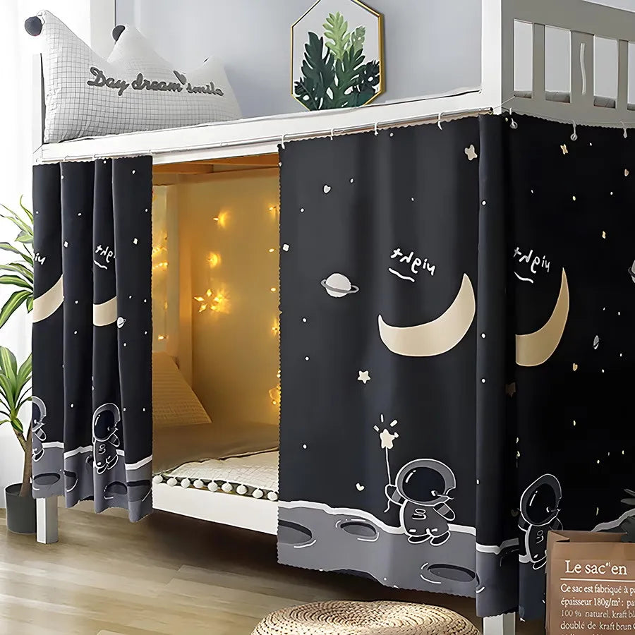 rideau lit moderne astronaute noir blanc lune étoiles opaques anneaux polyester