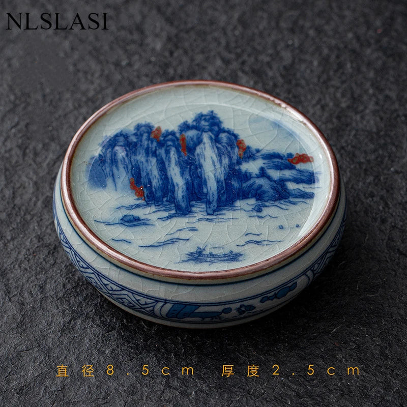 boîte thé bleu blanc rouge peinture chinoise artisanale tasse inclusion montagne fleur