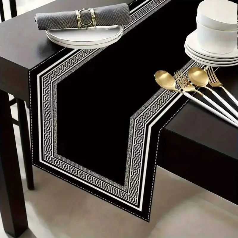 sets table géométriques noirs blancs moderne nappe table runner élégant motifs grecs imperméable résistantextérieur