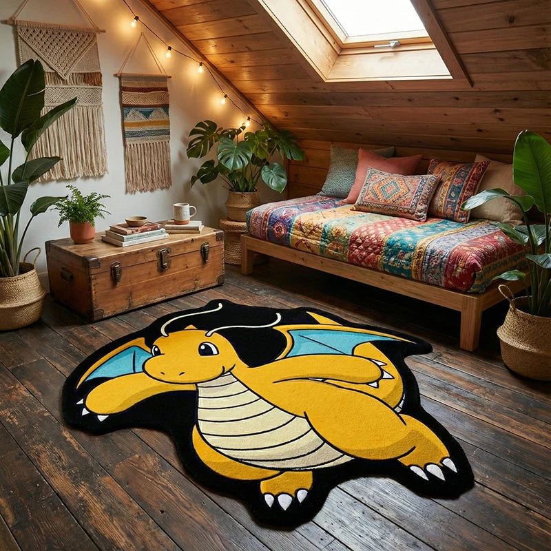 tapis dessin animé dragon jaune noir blanc bleu texture veloutée retro classic chambre salon
