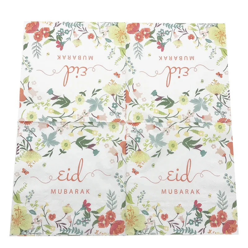 serviettes jetables festives eid mubarak motifs fleurs textes doré blanc İslam