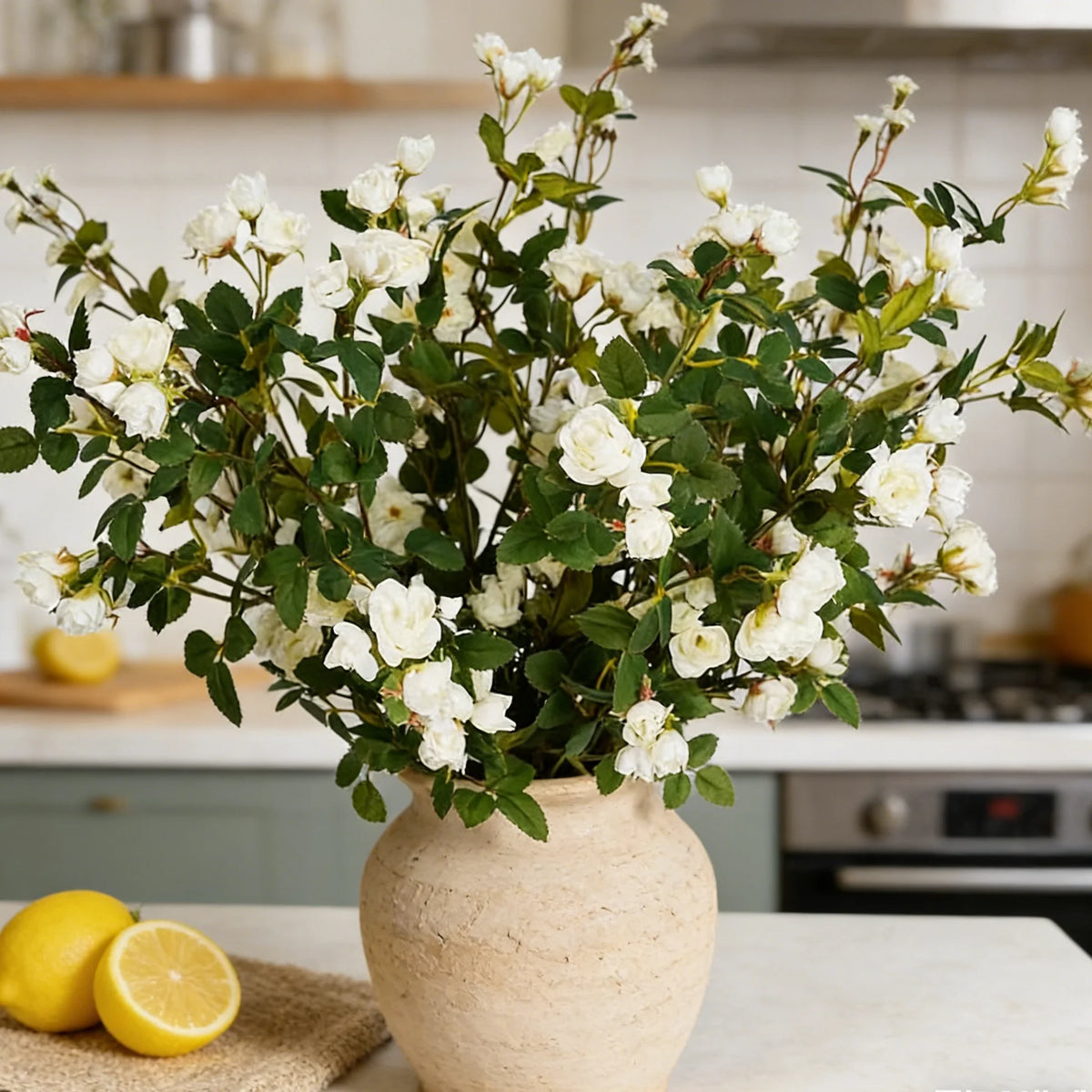 bouquet artificiel fleurs blanc beige vert feuilles vase décoration intérieure naturelle rustique occasion spéciale