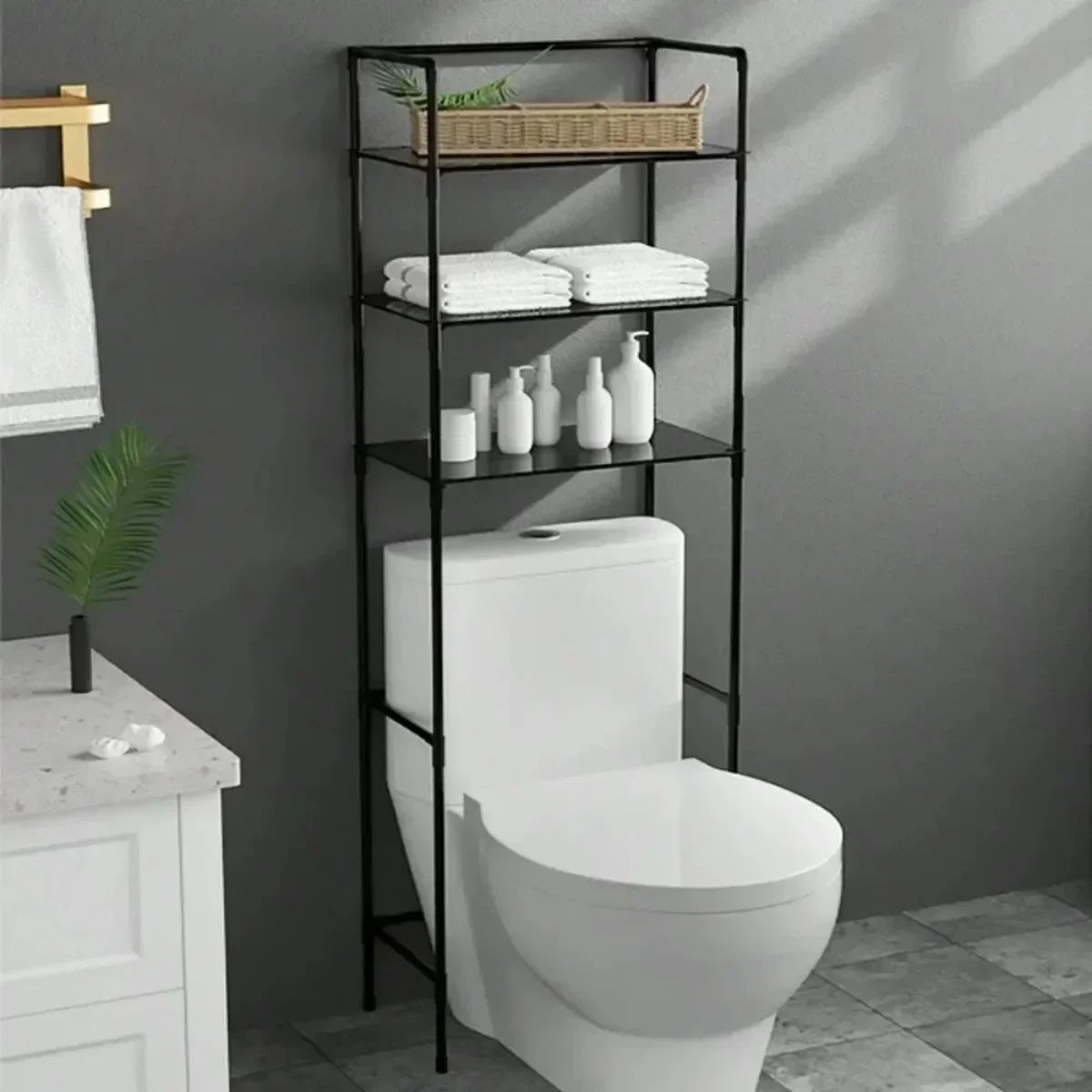 étagère rangement moderne multi niveaux blanc noir grande capacité sans perforation machine laver toilette