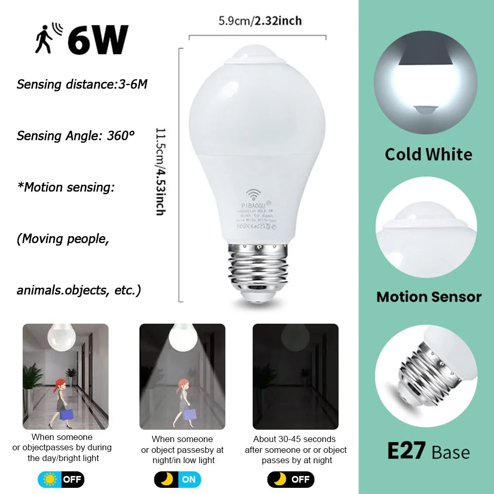 ampoules led e27 radar capteur mouvement détecteur infrarouge blanc moderne 2700k 6500k 6w 9w
