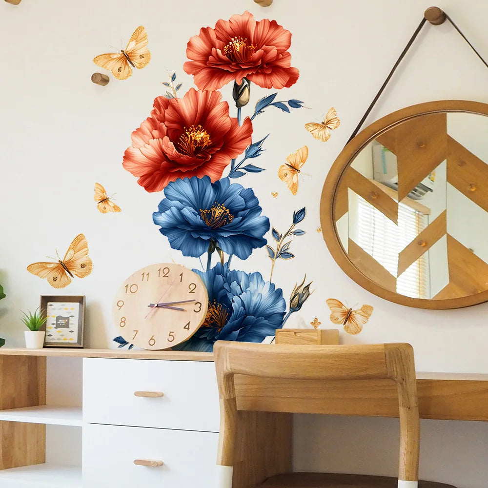 autocollant mural fleurs papillons rouge bleu doré floral résistant l'eau PVC adhésif moderne chambre