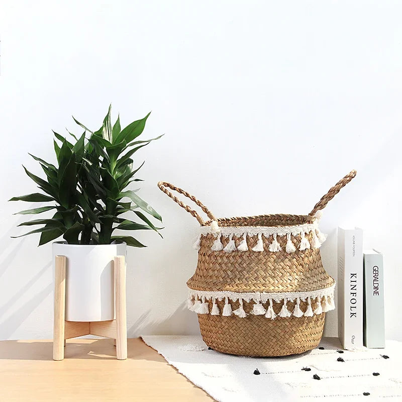 panier tissé paille naturelle boho blanc pompons poignées corde rangement