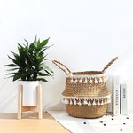 panier tissé paille naturelle boho blanc pompons poignées corde rangement