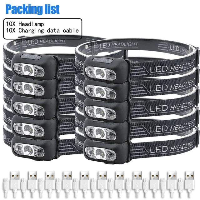 lampe frontale led rechargeable usb tissu imprimé noir ceinture ajustable camping