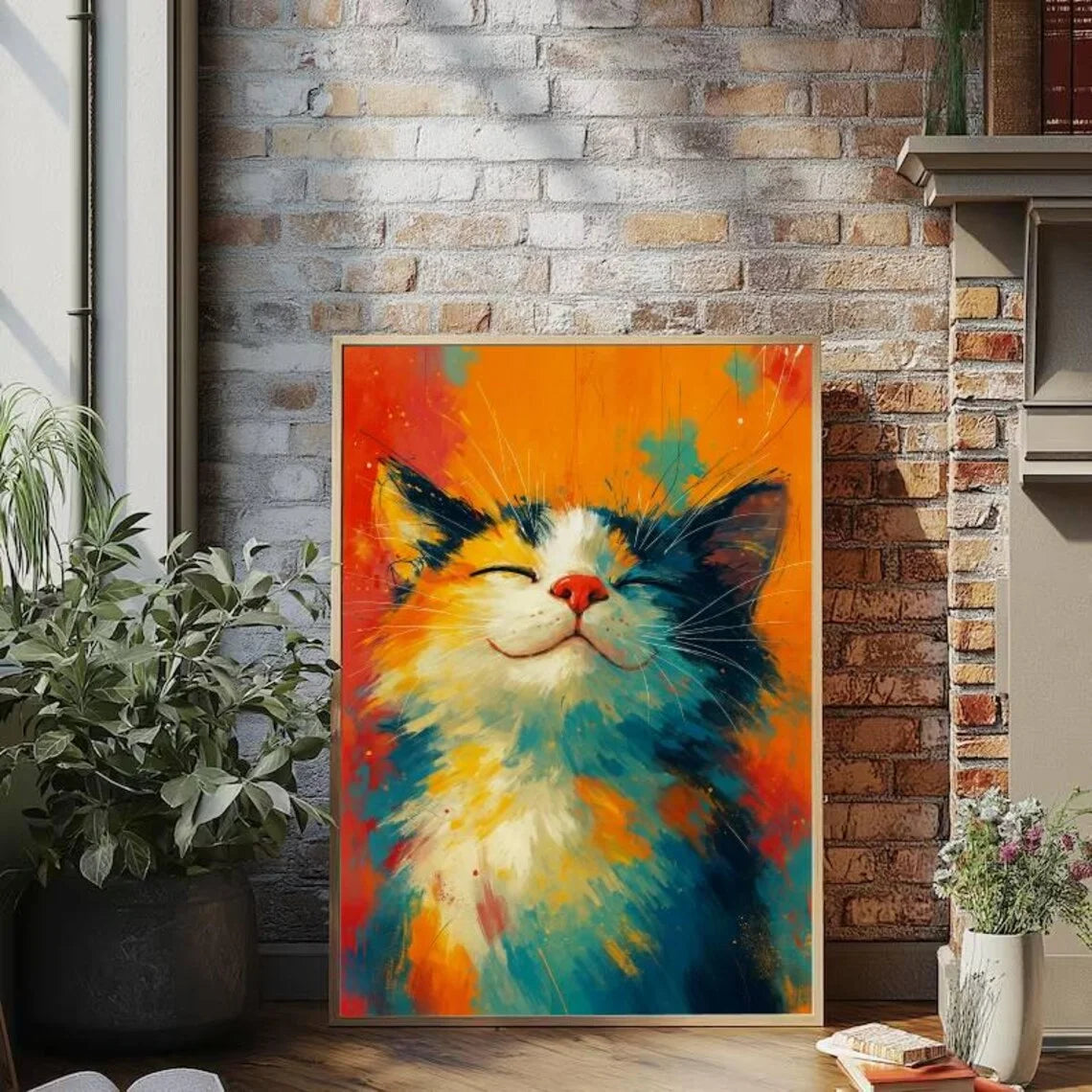 tableau abstrait chat souriant moderne couleur vives orange jaune bleu rouge blanc