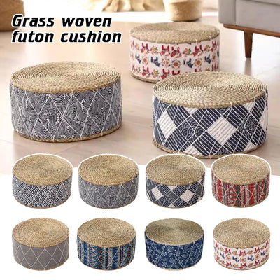 Pouf rond japonais en paille tressée 40 cm - coussin de sol tatami