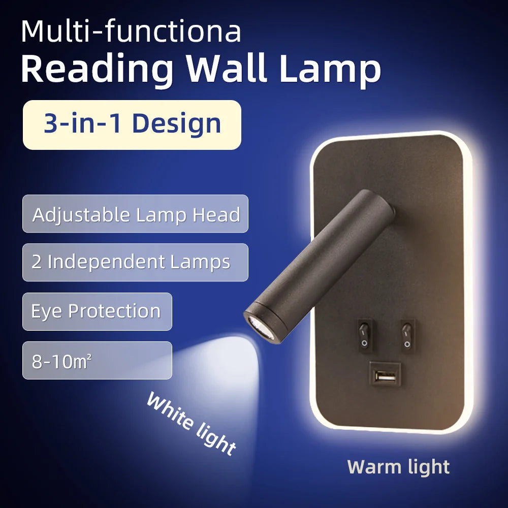 lampe murale multifonctionnelle prise usb port electrique orientable noir blanc moderne