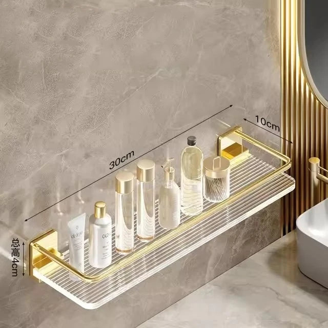 étagères salle bain transparentes dorées modernes élégantes clips murale cosmétiques verres savon distributeur