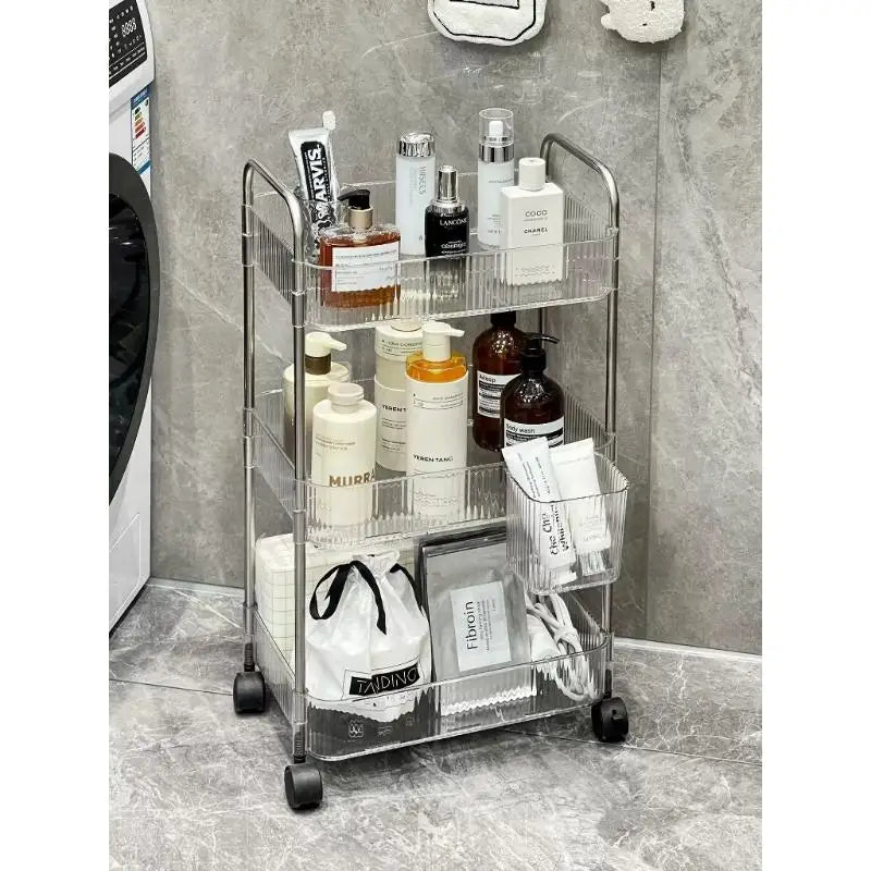 chariot roulettes transparent moderne compartiments striés rangement cosmétiques objets divers