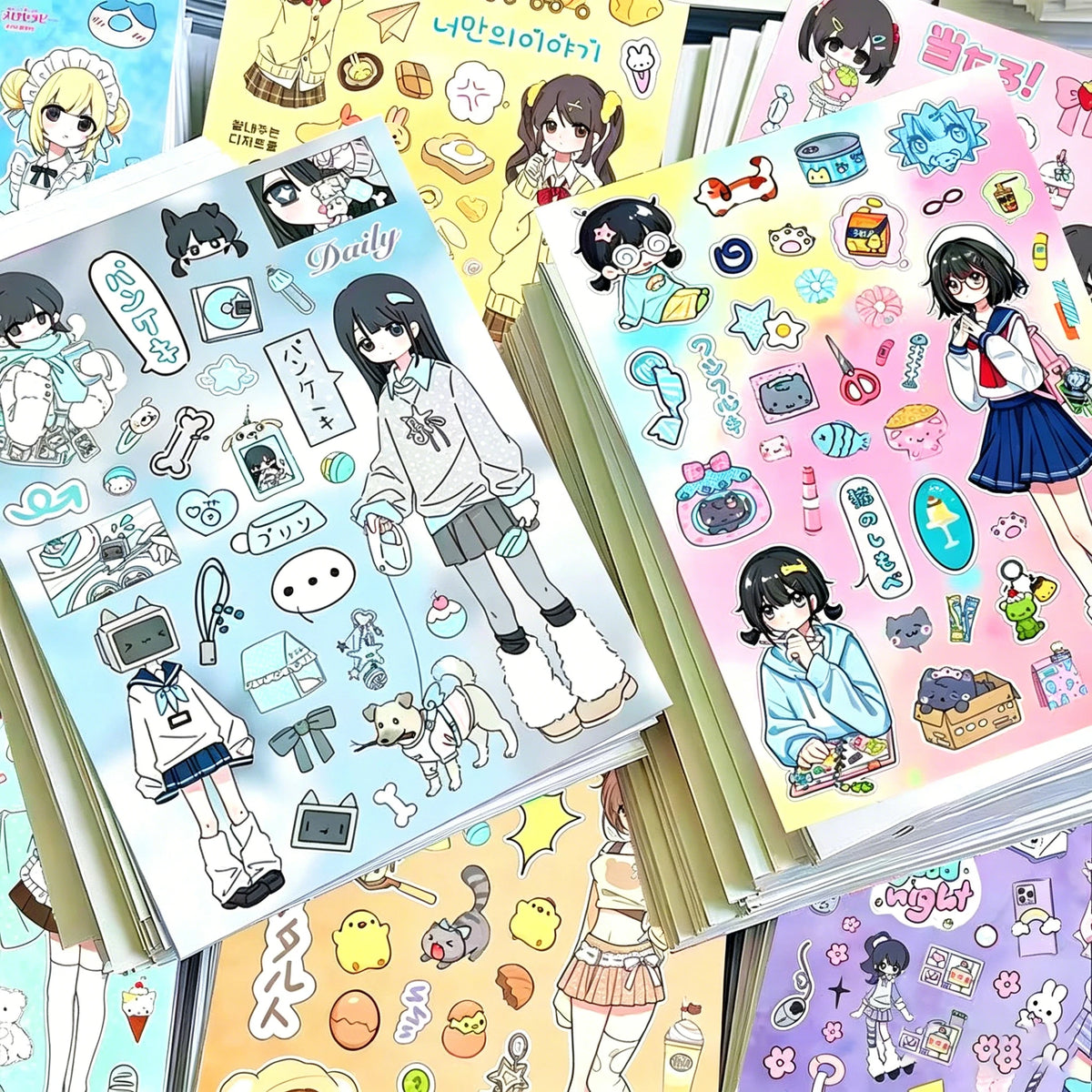 sticker autocollant dessins animés multicolore illustration cartoon personnages objets texte pack matériel collage