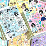 sticker autocollant dessins animés multicolore illustration cartoon personnages objets texte pack matériel collage