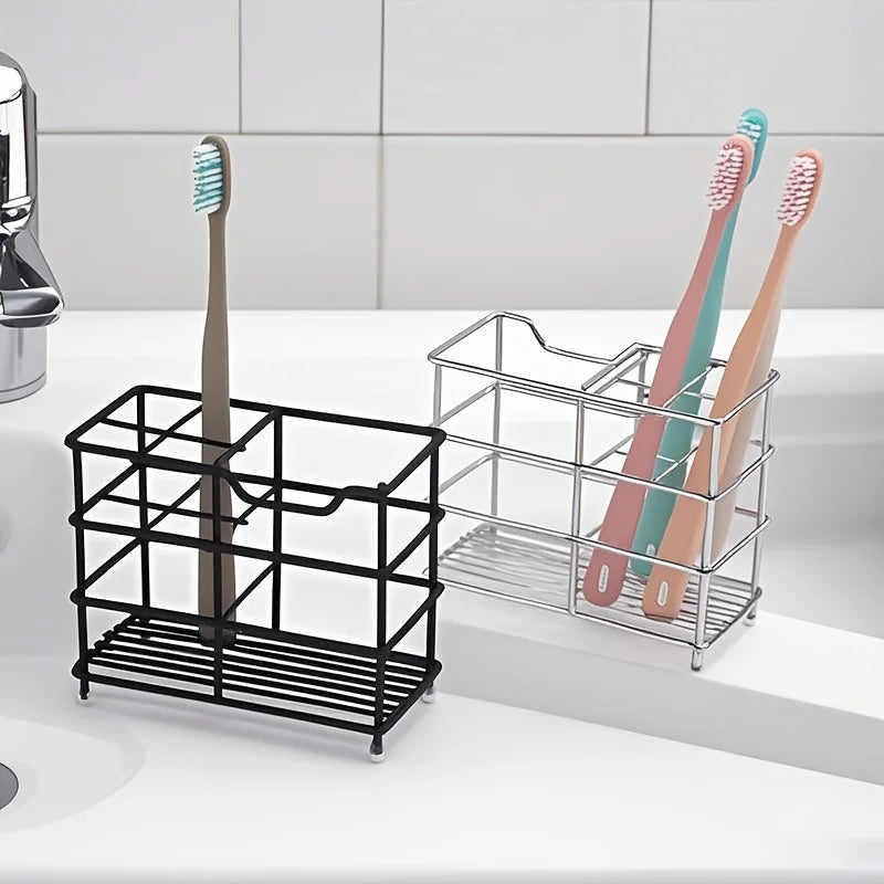 rangement moderne porte brosses dents tubes dentifrice acier inoxydable argenté pieds salle bain minimaliste
