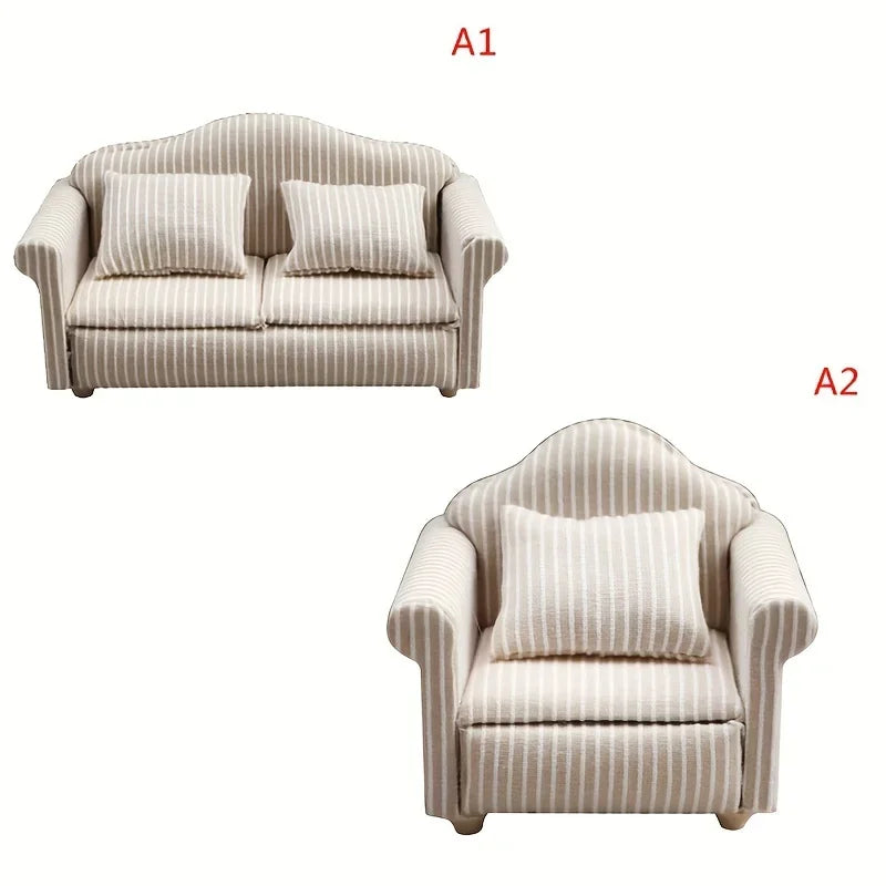 miniatures meubles classiques canapé fauteuil beige rayures coussins tissu texturé traditionnels