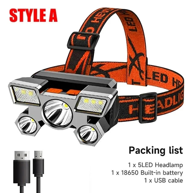 lampe frontale led rechargeable usb noir orange clip camping pêche chasse randonnée haute luminosité