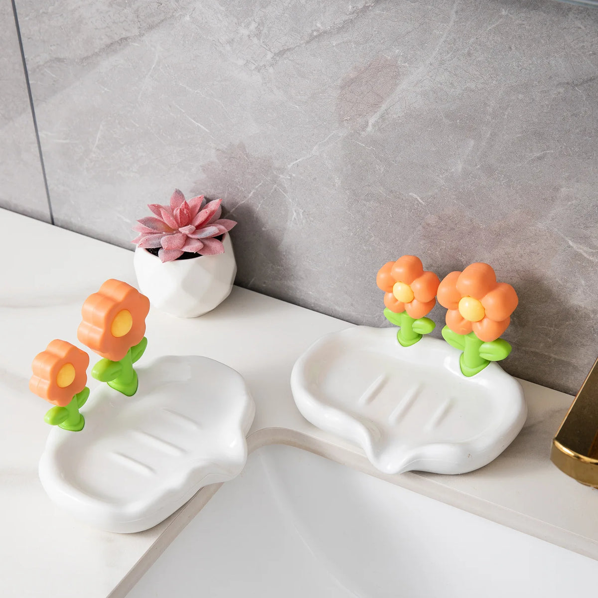 support savon moderne fleurs stylisées blanc rose vert jaune orange violet adhésif salle bains