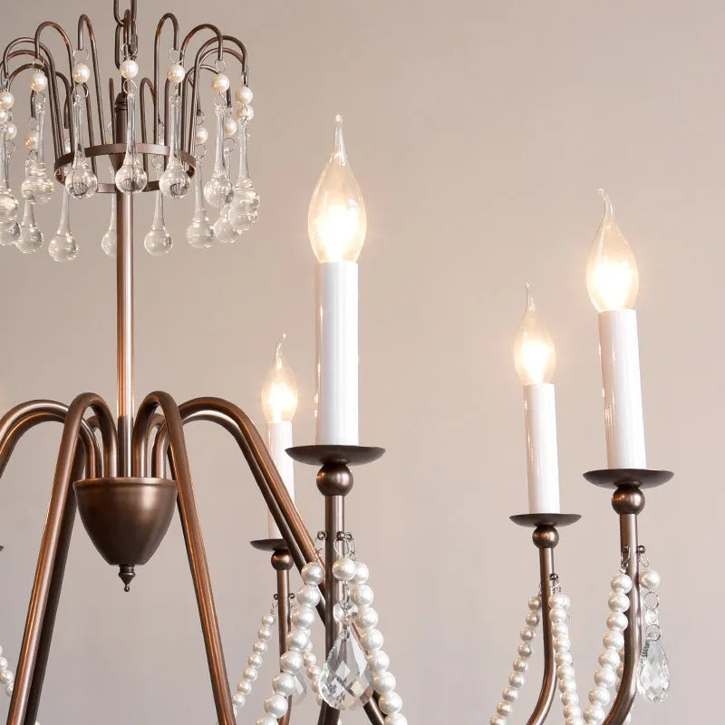 lustre classique vintage bronze blanc cristaux chaînes ampoules E14 adjustable