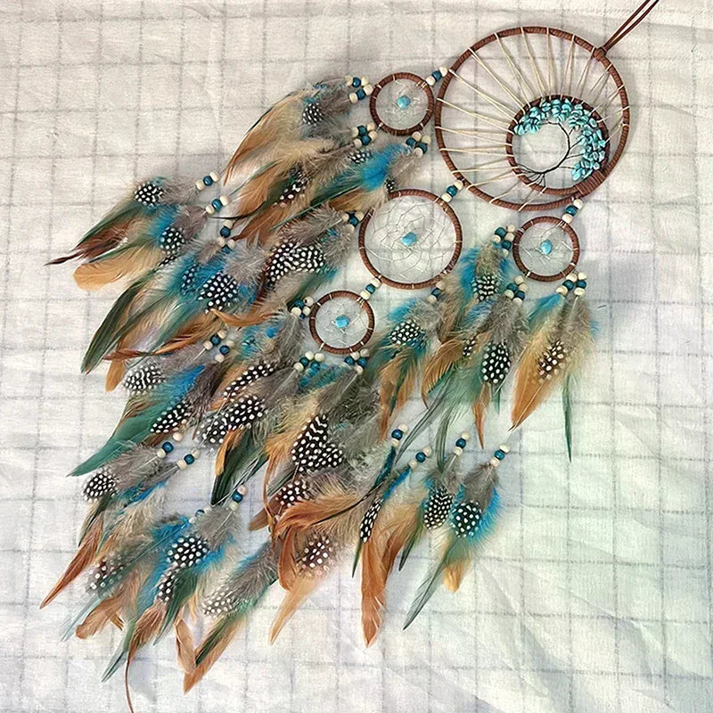 décoration intérieure attrape rêves boho plumes fil coton tressé marron bleu blanc gris