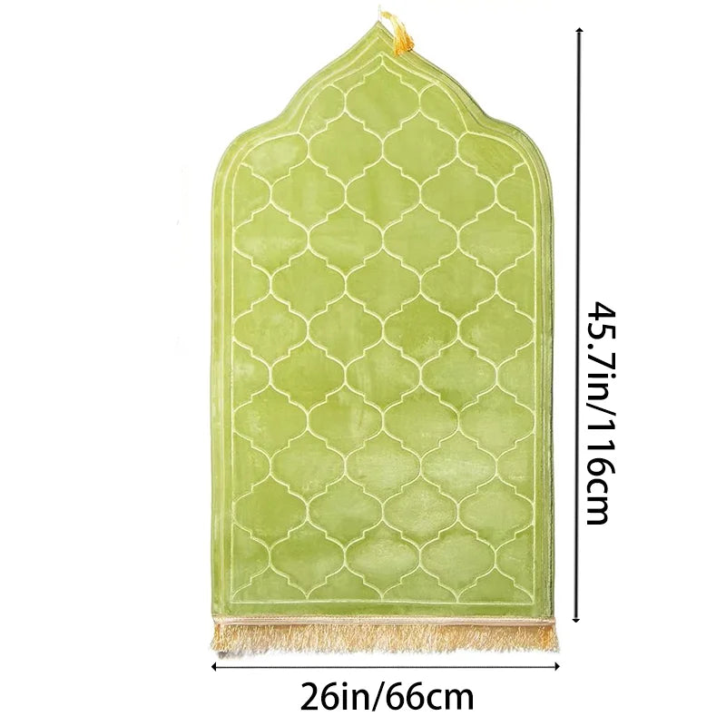 tapis prière polyester antidérapant motif géométrique gris vert noir moderne élégant franges doréesversible main
