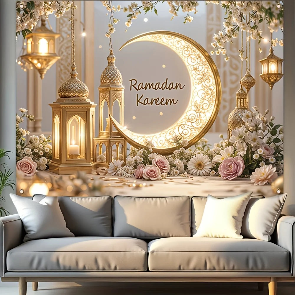 toile décorative ramadan lune dorée lanternes fleurs or blanc rose