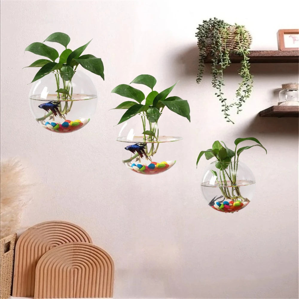 vase suspendu boule verre transparent moderne adhésif poissons plantes intérieur décoration papillons