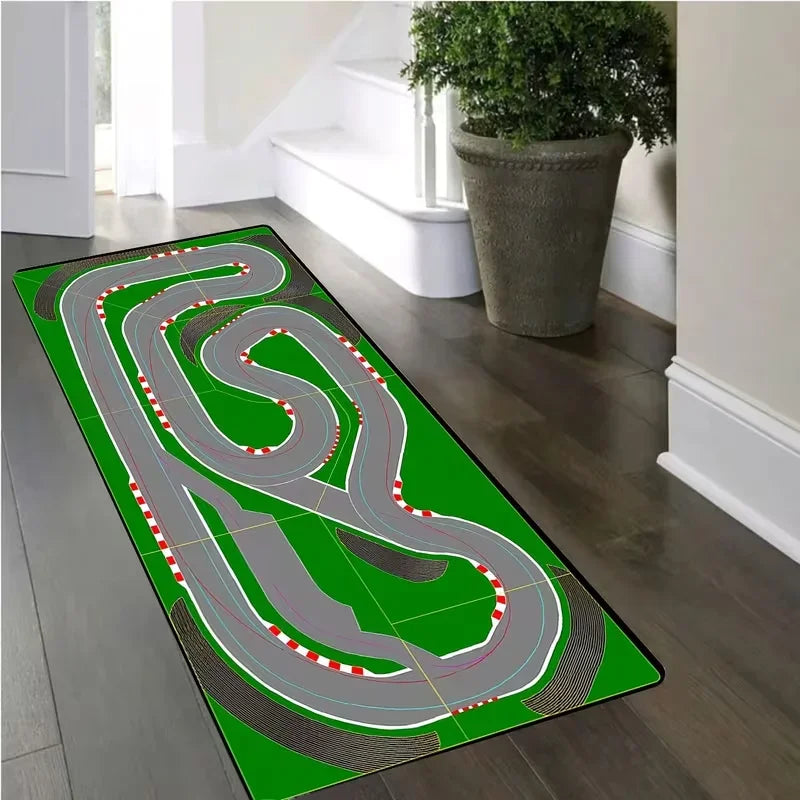 tapis sol vert gris moderne route course bordures rouges blanches salon chambre