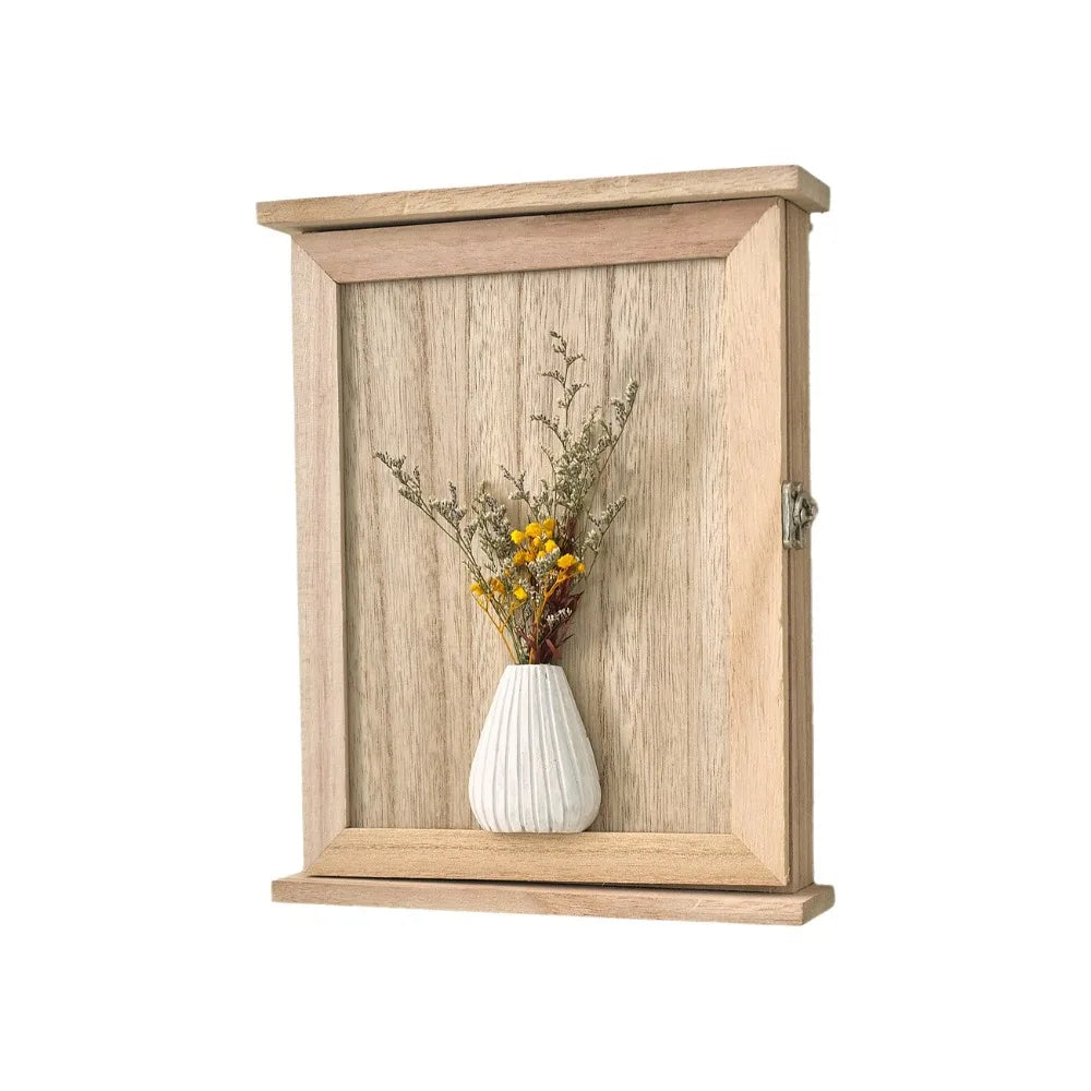 boîte murale bois naturel rustique minimaliste porte clés décoration entrée salon fleurs sèches vase