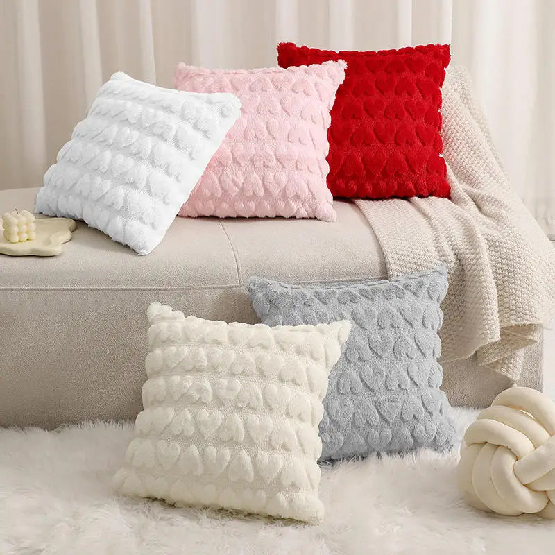 housse coussin carré motif cœurs blanc rose moderne polyester 45cm 45cm fixations