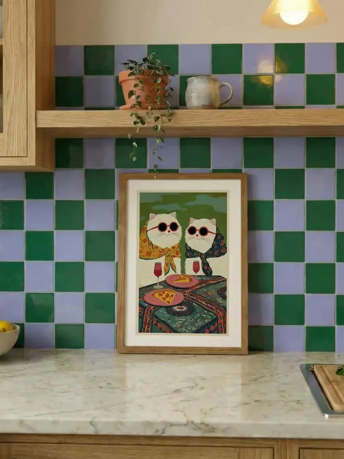 affiche cadre bois chat lunettes pizza vin pop art décoration murale salon cuisine