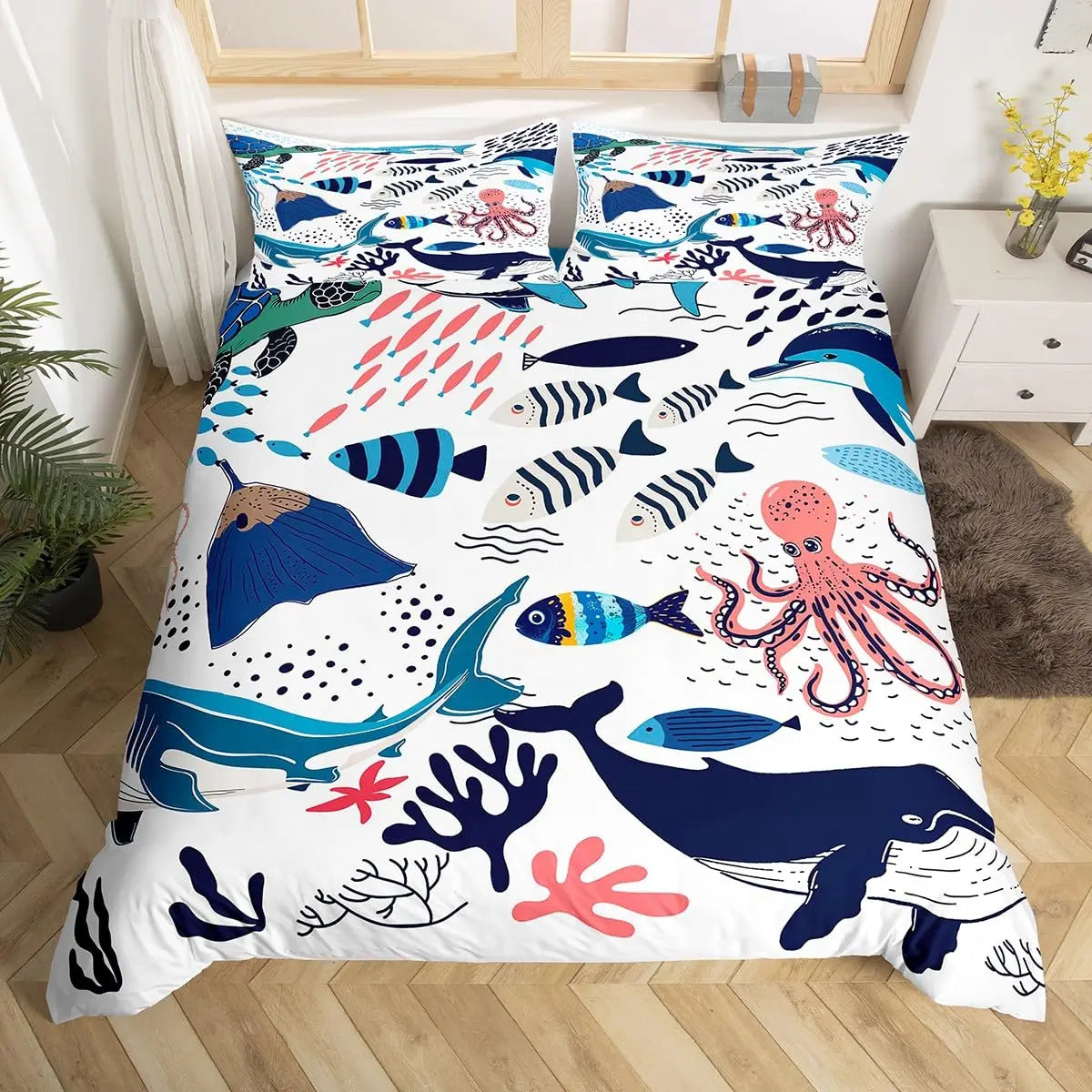 Détail impression 3D motif poisson sur housse de couette