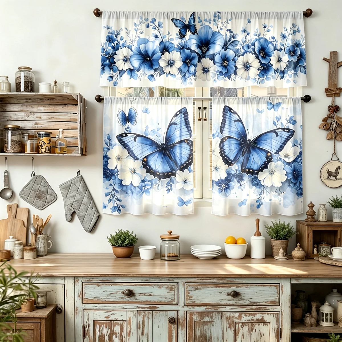 rideau moderne floral bleu papillons salon printemps haute qualité polyester