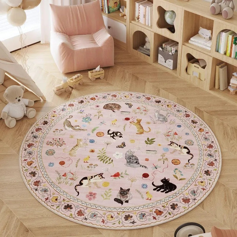 tapis rond chats fleurs blanc rose bleu bordure ornée salon chambre décoration moderne