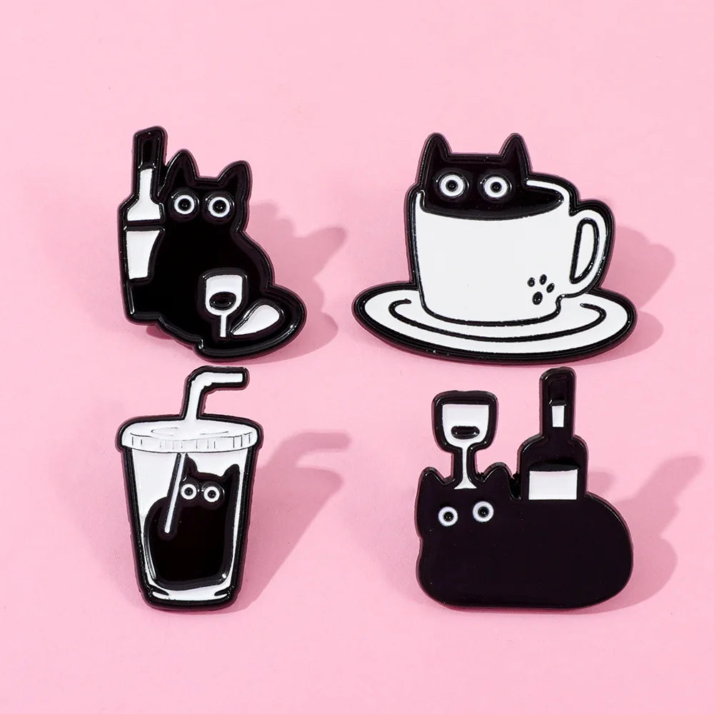 épingles revers métal chats dessin animé noir blanc adhésif cartoon accessoire mode