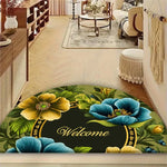 tapis demi circulaire moderne fleurs citrons entrée salon blanc bleu jaune vert noir
